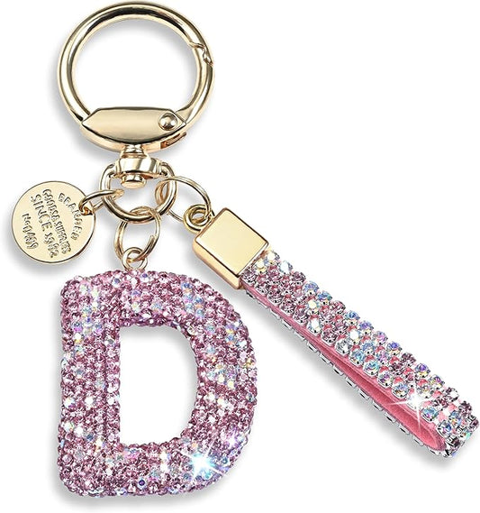 Pink Blue White Initial Letter Keychain Gift for Women Girls Bling Sparkly Cute Backpack Car Key Accessories Lanyard