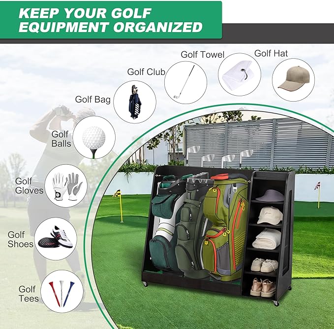 Wooden Golf Bag Organizer Garage Large Golf Bag Storage Rack Stand with Wheels Fits 3 Golf Bags, Golf Clubs and Other Golfing Equipment Accessories Golf Bag Holder for Garage, Club, Shed Basement