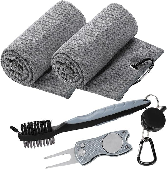 Aulock Golf Towel and Brush Set -16" X 24" Microfiber Towels with Carabiner Clip, Men Cleaning Kit with Golf Club Brush (2 Grey Towel + 1 Brush + Golf Divot Tool)