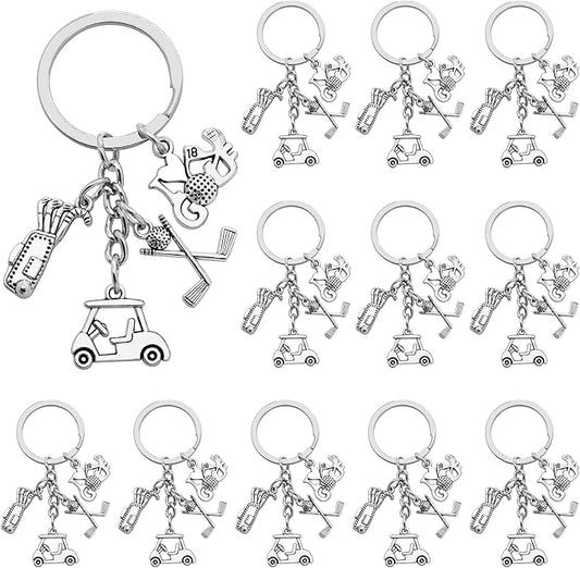 12Pcs Metal Golf Keychain Unisex Sport Keyrings Golf Club Golf Cart Golf Bag I Love Golf Charm Key Holder for Women Men Gift or Sports Party Decorations