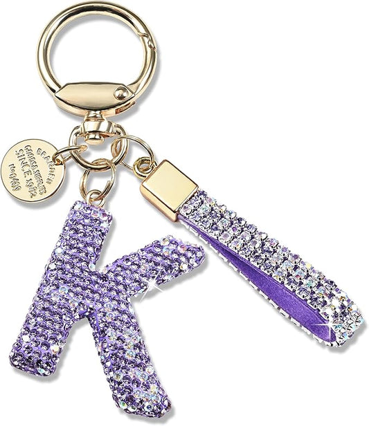 Pink Blue White Initial Letter Keychain Gift for Women Girls Bling Sparkly Cute Backpack Car Key Accessories Lanyard