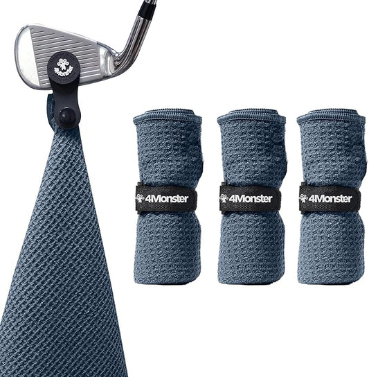 4Monster Golf Towels 3-Pack with Detachable Magnet and Portable Pouch, Quick-Dry Microfiber Golf Towel Set for Golf Bags,Custom Towel Gifts for Men or Women (3, Navy Blue)