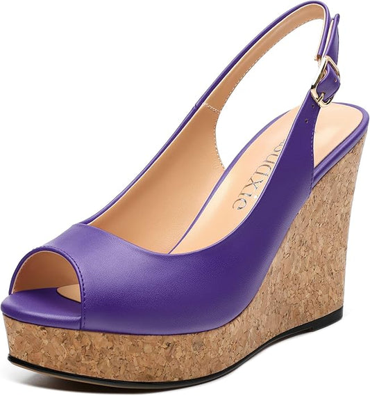 Womens Peep Toe Wedge Heels Matte Fashion Cork Slingback Pumps Platform Wedge Sandals 3.94 Inches