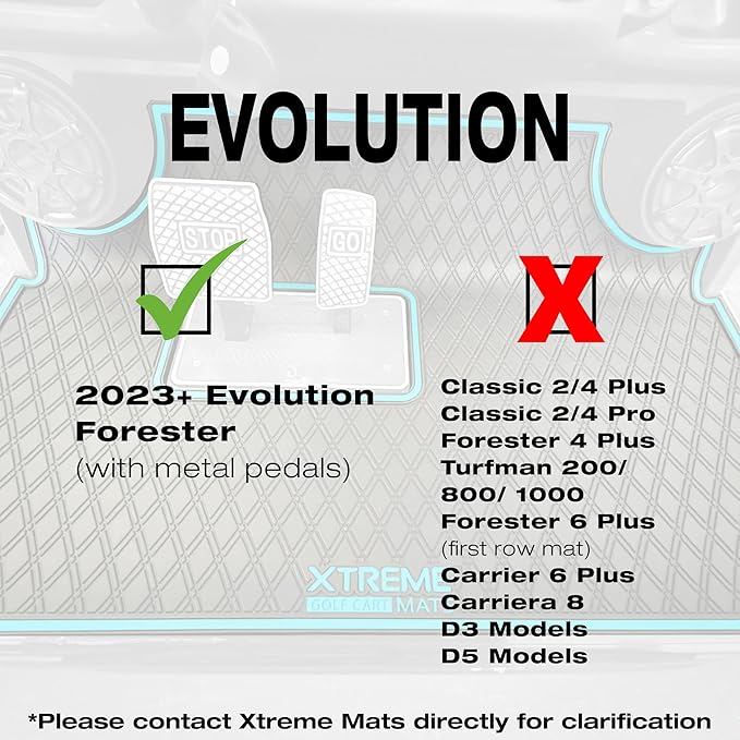 Xtreme MATS Rubber Double Diamond Golf Cart Floor Mat– Fits 2023+ Evolution Forester Models with Metal Pedals Only - Heavy-Duty Custom Fit All-Weather Floor Liner (Blue Trim)