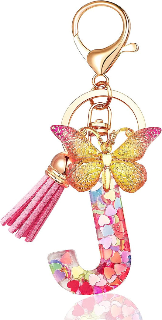 JINGUAZI Initial letter Keychains for Women Tassel Butterfly Pink Purple Cute Car Keychain for Wallet Backpack bag charm