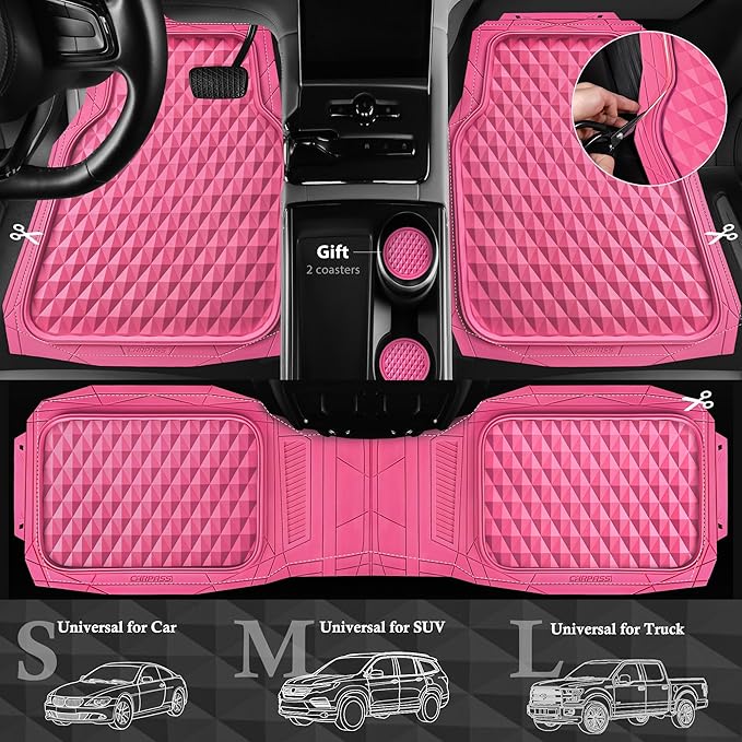 CAR PASS Heavy Duty Rubber Hot Pink Car Floor Mats & Cargo Liners, Deep Dish All-Weather Trunk Mats Durable Anti-Slip 3D Rhombus Waterproof Trim to Fit Liner Universal Fit Auto,Sedan,SUV,Truck, Pink