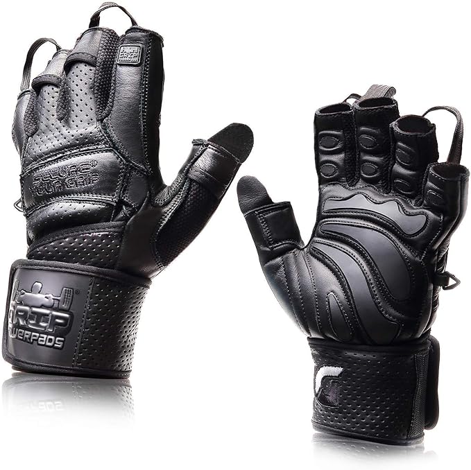 Elite Leather Gym Gloves with Built in 2" Wide Wrist Wraps Grip & Design for Weightlifting Power Lifting Bodybuilding & Strength Training Workout Exercises