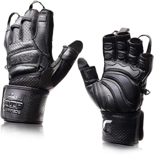 Elite Leather Gym Gloves with Built in 2" Wide Wrist Wraps Grip & Design for Weightlifting Power Lifting Bodybuilding & Strength Training Workout Exercises