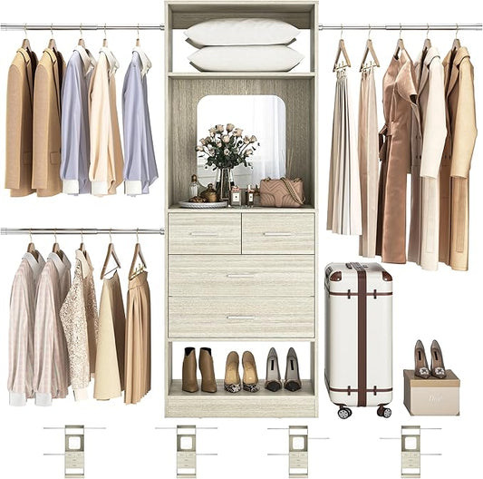 Unikito 8FT Closet System, Customizable 96 Inch Closet Organization Kit with 25” Tower and 3 Extendable Hanging Rod(Can Be Cut to Fit), Heavy Duty Clothing Racks with 4 Drawers and Shelves, White Oak