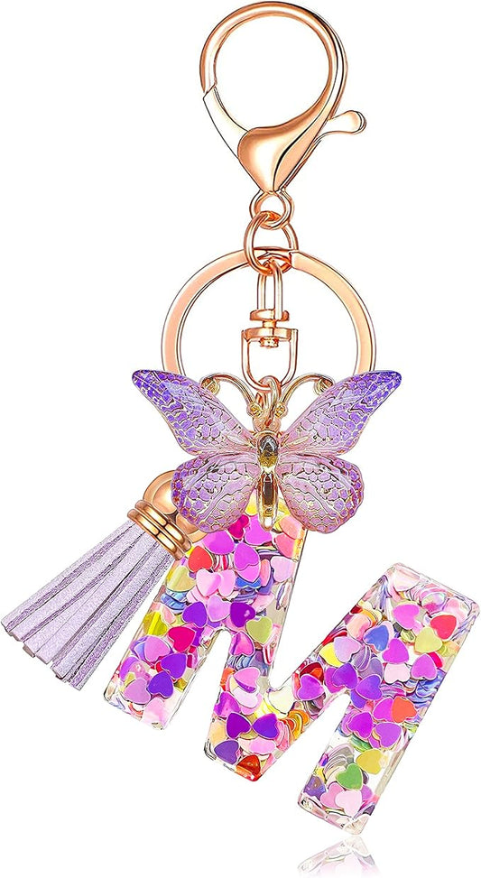 JINGUAZI Initial letter Keychains for Women Tassel Butterfly Pink Purple Cute Car Keychain for Wallet Backpack bag charm