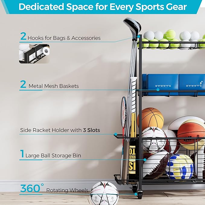 Large Garage Sports Equipment Organizer with Wheels, 3-Tier Ball Storage Rack for Basketballs, Soccer Balls & Sports Gear, Outdoor Sports Organizer with Bat Holder& Hooks, Toy Storage– 31"W