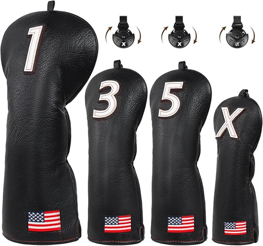 Golf Head Covers, American Flag Patriotism Golf Club Cover for Woods and Driver, Fairway, Hybrid - Premium Leather Golf Club Head Covers with Interchangeable Tags