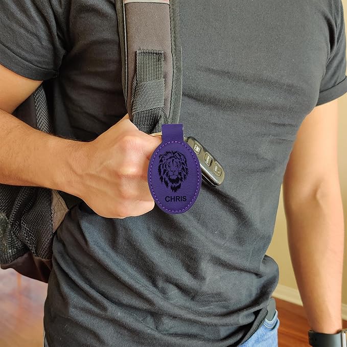 LaserGram Oval Keychain, Palm Trees, Personalized Engraving Included (Dark Purple)