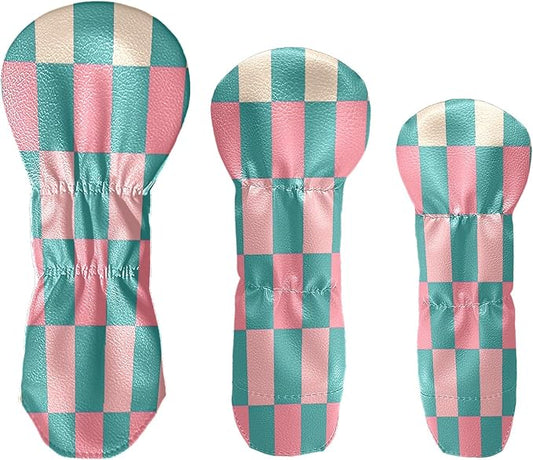 Golf Club Head Covers for Driver Hybrid and Fairway Woods, Waterproof Leather Headcovers for Golf Clubs, Ideal Golf Accessories Gift for Men Women (Pink and Teal Checkered)