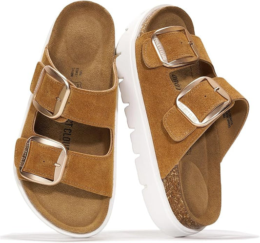 Project Cloud Genuine Leather Platform Sandals Women Footwear - Wedge Chunky Sandals Womens sandals with Memory Foam Insole and Cork Footbed (GREECECHUNKY)