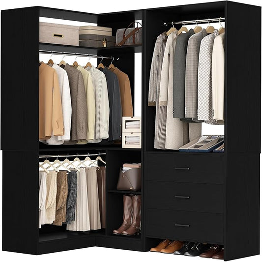 Aheaplus Closet System with 3 Drawers, 2 Hanging Rods & Corner Tower, Corner Closet System with Hanging, L-Shaped Walk-In Wardrobe Organizer, 1300+ lbs Capacity, Set of 2, Black