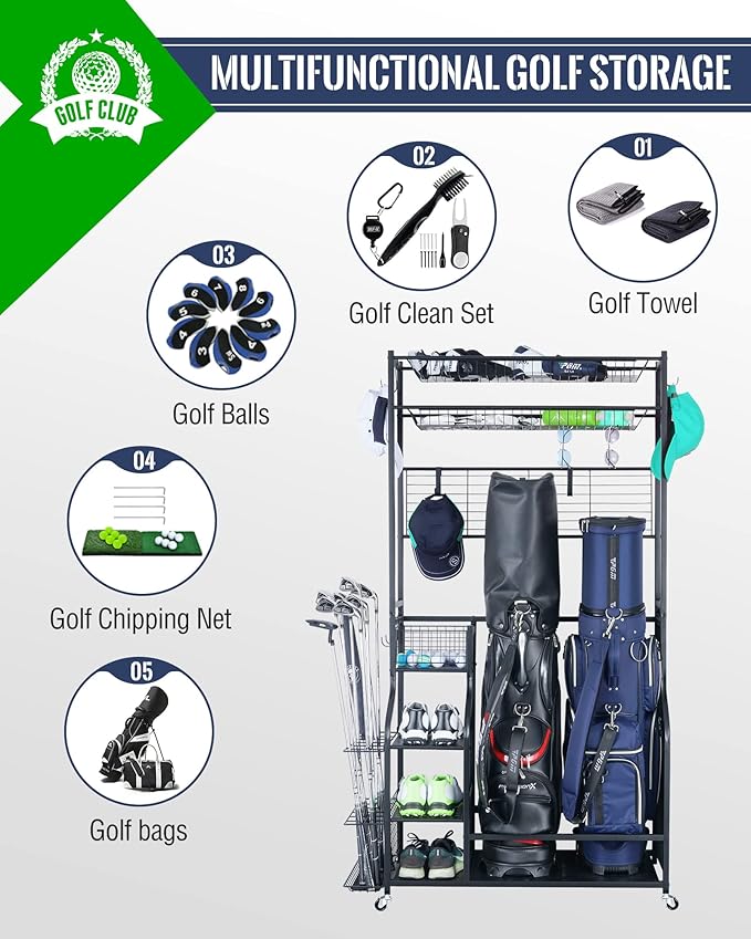 Mythinglogic Golf Bag Storage Garage Organizer,2 Golf Bags Storage Stand and Golfing Equipment Accessories Storage Rack with 4 Removable Hooks, Extra Golf Clubs Display Rack