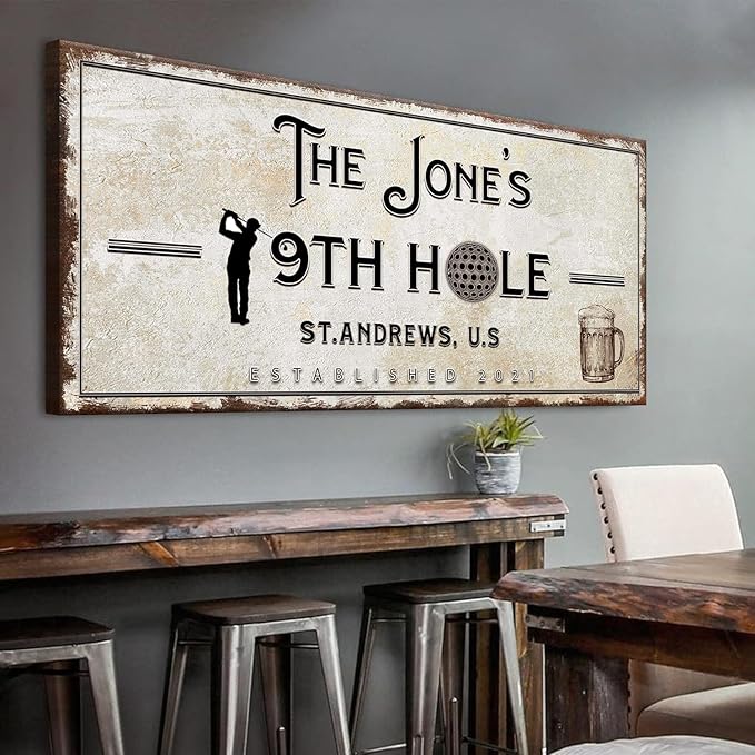 TAILORED CANVASES Golf Art Decor - Personalized Vintage Golf Wall Art Sign for Man Cave, Bedroom, Basement, Home Bar and Custom Gift for Husband, Dad, Wedding & Anniversary - 19th Hole Sign, 20"x10"