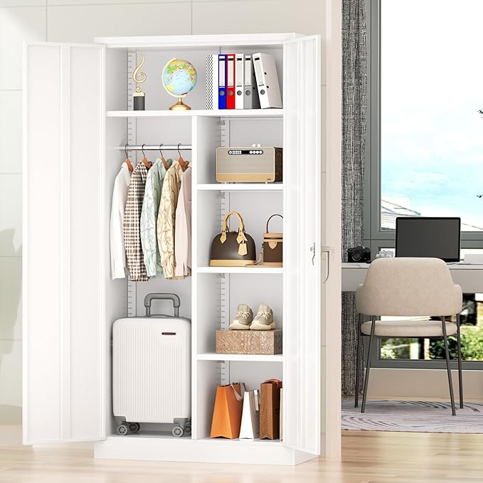 Greenvelly Metal Wardrobe Cabinet with Locking Doors, 72" H x 36" W White Metal Wardrobe Closet Cabinet with Hanging Rods and Adjustable Shelves, Steel Storage Closet for Home, Office, Employee, Gym
