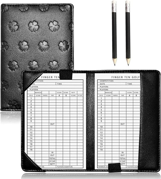 FINGER TEN Golf Scorecard Holder with 2 Free Pencils Value Pack, Premium Leather Yardage Books Cover Weatherproof, Lightweight Portable Score Tracking Accessories for Men Women