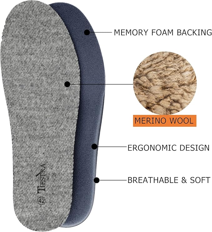 Thick Merino Wool Insoles for Men Fur Fleece Shoes Inserts Memory Foam Cushion Comfort Warm Sheepskin Insoles for Winter Snow Boots Slippers Grey 42EU,US9