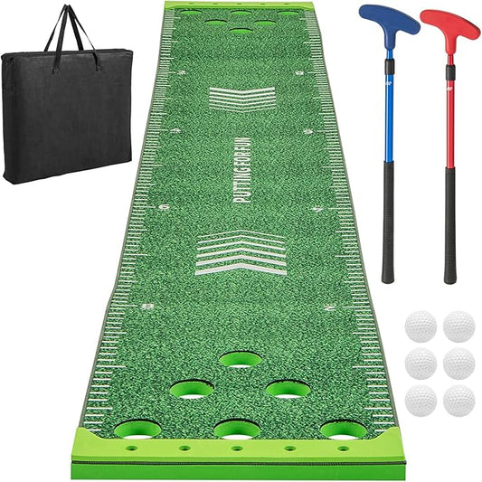 ULTIMATE Golf Game Set, Indoor Outdoor 11FT Putting Green Mat w/ 2 Adjustable Putters, 6 Balls & 12 Hole Covers, Golf Pratice Training Mat for Party, Backyard, Home and Office