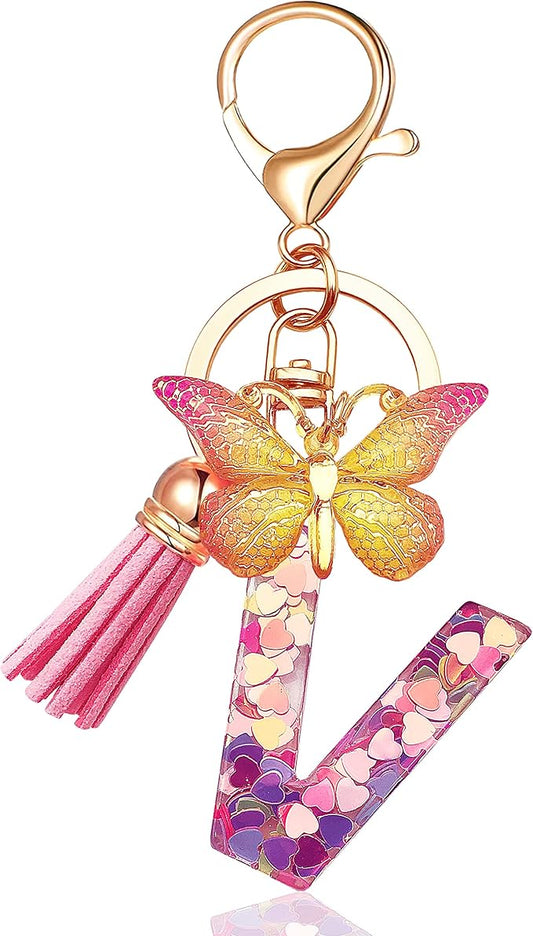 JINGUAZI Initial letter Keychains for Women Tassel Butterfly Pink Purple Cute Car Keychain for Wallet Backpack bag charm