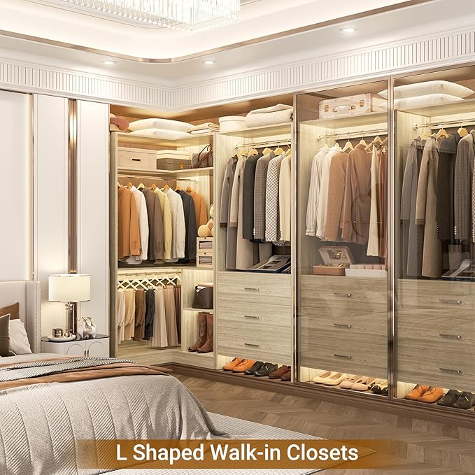 Aheaplus Closet System with 3 Drawers, 2 Hanging Rods & Corner Tower, Corner Closet System with Hanging, L-Shaped Walk-In Wardrobe Organizer, 1300+ lbs Capacity, Set of 2, White Oak