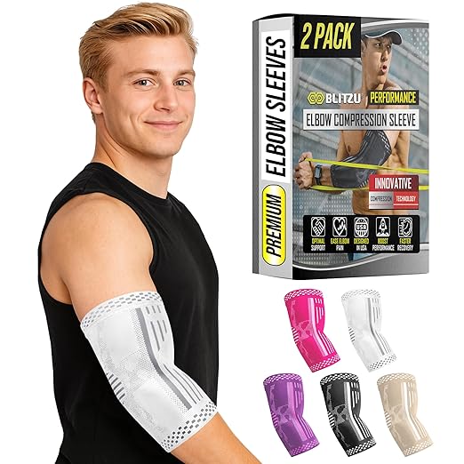 BLITZU Elbow Compression Sleeve for Tendonitis 2 Pack, Tennis Elbow Brace Support for Men and Women Golfers Elbow Pain Relief, Arthritis, Bursitis, Arm Brace for Workout, Weightlifting White M
