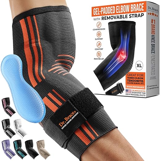 DR. BRACE® Elite Elbow Brace Support, Breathable Elbow Compression Sleeve with Gel Pad for Golfer's, Tennis Elbow & Tendonitis Treatment & Pain Relief 2024 (Grey-Orange, X-Large)