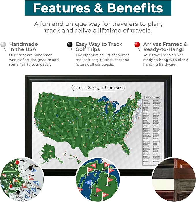 Push Pin Travel Maps Customizable Wall Art - Top Golf Courses USA Map - Textured White - Framed Pin Map, Includes 150 Pins - Handcrafted in USA - 27.5" x 39.5"