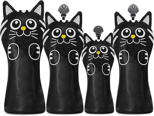 Golf Kitty Head Cover Golf Club White Leather Headcovers 1pc/4pcs Set Fits Driver Fairway Wood Hybrid Utility Putter Iron Wedge Headcover.