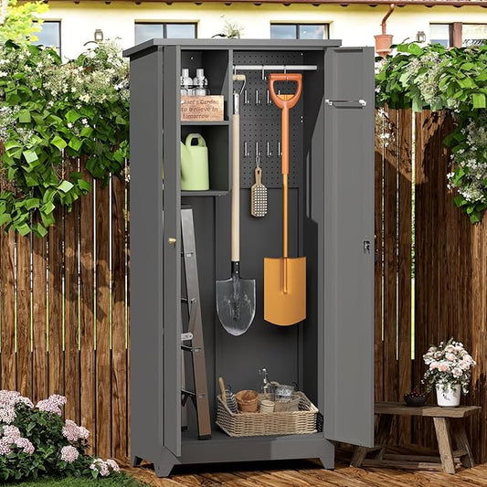 GREATMEET 72.8" Outdoor Broom Storage Cabinet, Metal Storage Cabinets for Cleaning Supplies with Slanted Roof, Utility Closet, Waterproof Outdoor Shed for Broom Mop, Grey