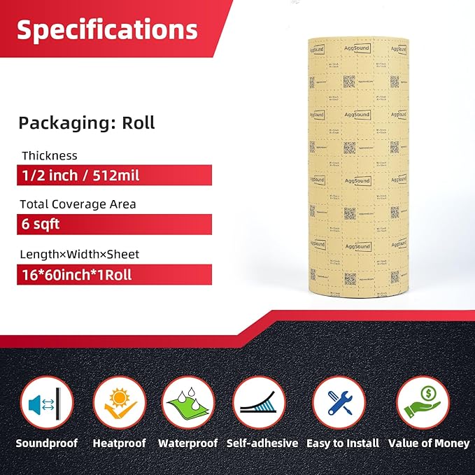 Sound Deadening Mat 1/2inch(13 mm) 6.54sqft - Closed Cell Foam Car Sound Deadening Material - Self-Adhesive Hood Insulation Heat Shield Auto Sound Dampening