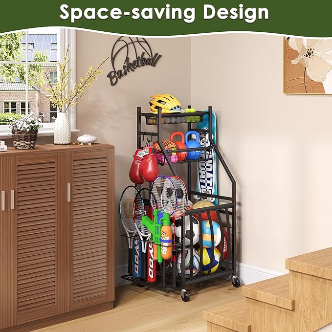 Sports Equipment Garage Organizer,Garage Ball Storage Rack with Elastic Straps,Small Rolling Ball Holder Cart with Wheels for Sports Gear,Indoor/Outdoor Toy Storage with Hooks and Baskets,BK