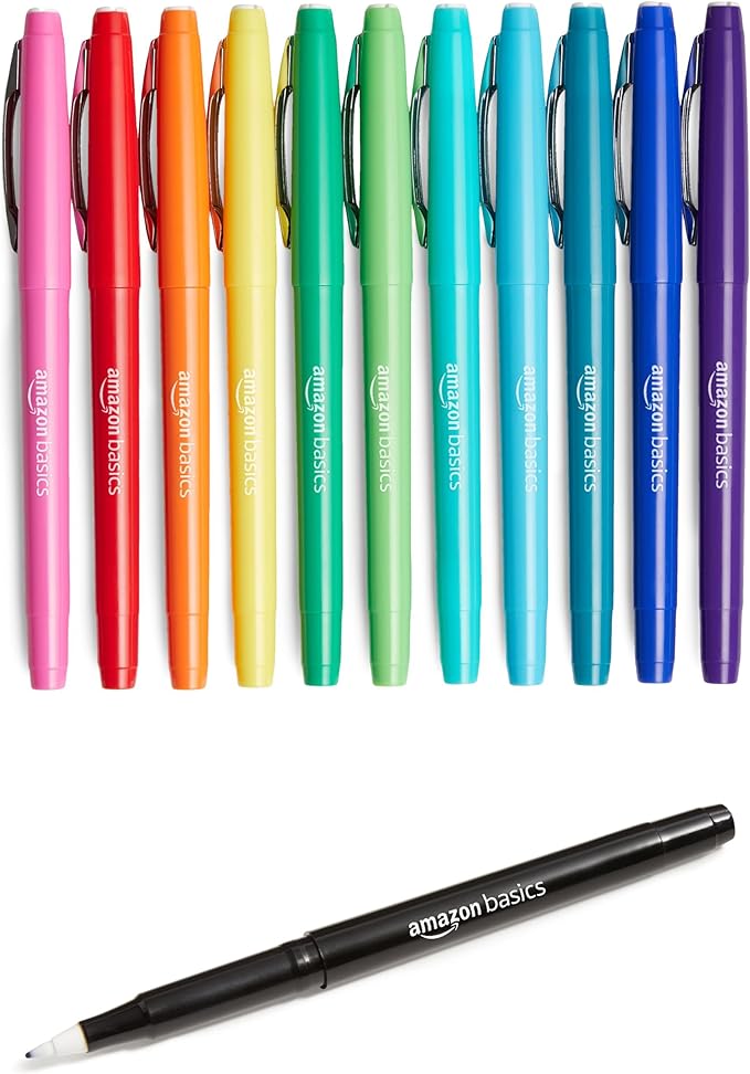 Amazon Basics Felt Tip Marker Pens, Versatile for Writing, Drawing, and Journaling, Assorted Colors, 12-Pack