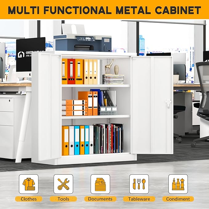Greenvelly Metal Storage Cabinet - 36" H, Lockable Steel File Cabinet with Adjustable Shelves - Ideal for Home Office, Garage & School (32" W x 16" D White)