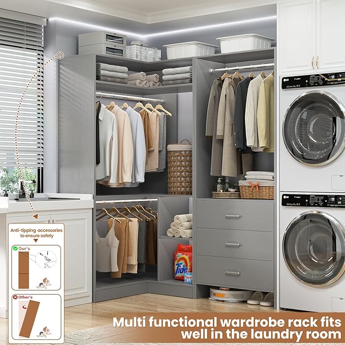 Aheaplus Closet System with 3 Drawers, 2 Hanging Rods & Corner Tower, Corner Closet System with Hanging, L-Shaped Walk-In Wardrobe Organizer, 1300+ lbs Capacity, Set of 2, Grey