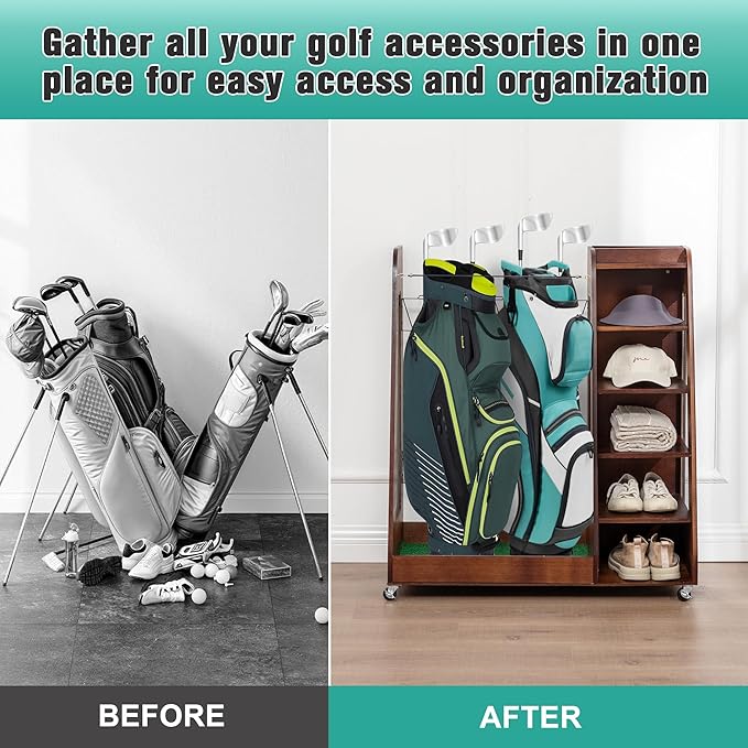 CHARMMA Golf Bag Organizer for Garage, Premium Wooden Golf Clubs Storage Rack Fit 2 Golf Bags, Golf Trunk Organizer for Car Garage Club Shed Basement,35.50x18.00x40.00in