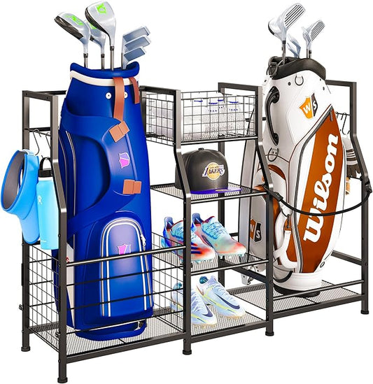 Sonyabecca Golf Bag Stand Golf Storage Organizer for Garage with Basket and Hooks, Storage Rack for 2 Golf Bag, Golf Gift for Men Sports Equipment Organizer, Two Assembly Methods