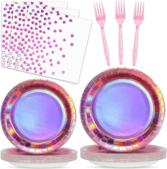 96Pcs Iridescent Pink Party Decorations Iridescent Theme Tableware Set Hot Pink Holographic Paper Plates Napkins Fork for Birthday Dinnerware Girls Women Mermaid Disco Shiny Laser Supplies 24 Guests