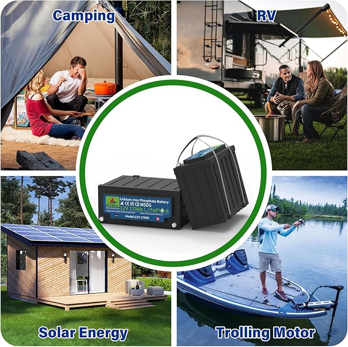 12V 170Ah LiFePO4 Battery with 200A BMS | 2560W Max Load Power | 44lbs Lightweight | 15,000 Cycles | for RV/Marine/Solar – 2X Capacity vs 100Ah Lead Acid (12V 170Ah)