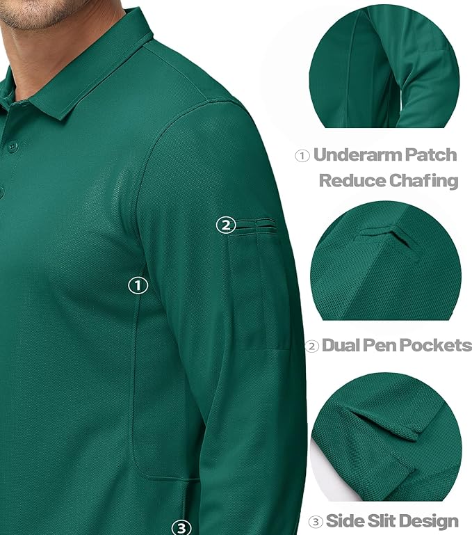 MAGCOMSEN Men's Polo Shirts 3 Button Quick Dry Performance Long Sleeve Tactical Shirts Pique Jersey Golf Shirt
