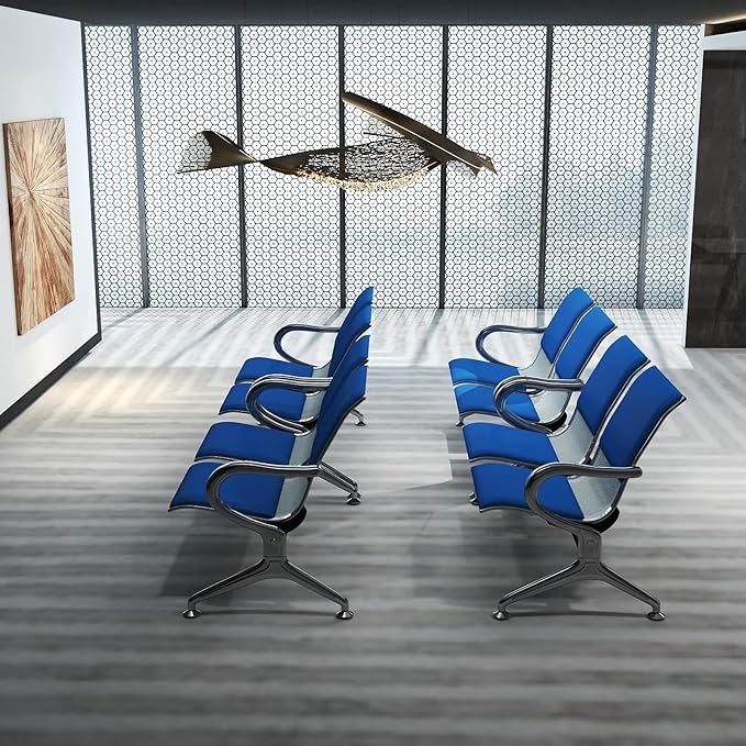 Kinfant 8-Seat Waiting Room Chairs with Arms – Heavy-Duty Steel Frame PU Leather Back & Cushioned Seat, Ergonomic Office Reception Guest Chair for Lobby, Clinic, Airport, Blue