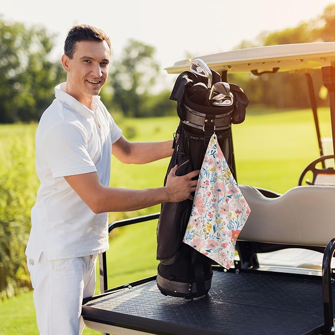 Pink Floral Golf Towel with Carabiner Clip 24"x16" Microfiber Waffle Cute Flower Ladies Golf Towels for Golf Bags Funny Golf Rag for Disc Balls Clubs Golfs Accessories for Women Men Girls