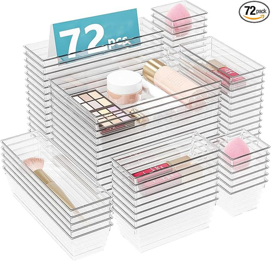 DCA 72 PCS Clear Plastic Drawer Organizers Set, 4-Size Versatile Bathroom and Vanity Organizer Trays, Storage Containers for Makeup, Jewelries, Bedroom，Kitchen Utensils and Office