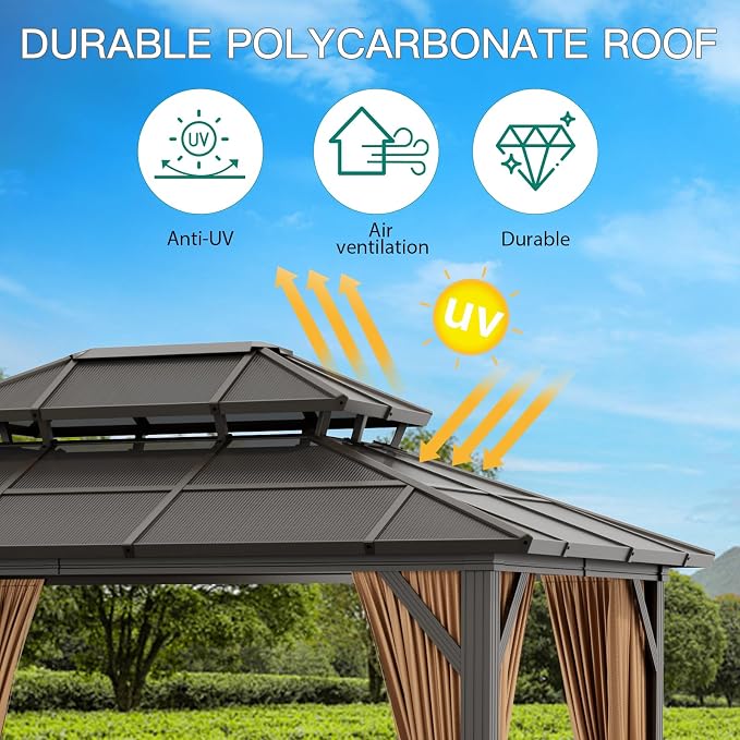 GAOMON 10'x12' Hardtop Gazebo, Outdoor Polycarbonate Double Roof Canopy - Image 6