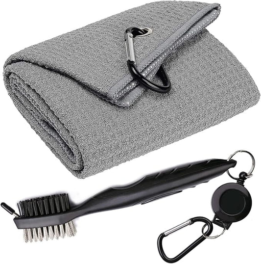 Golf Towels, Microfiber Waffle Pattern Tri-fold Golf Towel - Brush Tool Kit with Club Groove Cleaner, with Clip Men Women Golf Gifts (Gray)