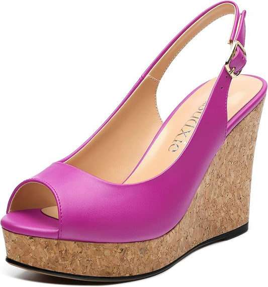 Womens Peep Toe Wedge Heels Matte Fashion Cork Slingback Pumps Platform Wedge Sandals 3.94 Inches
