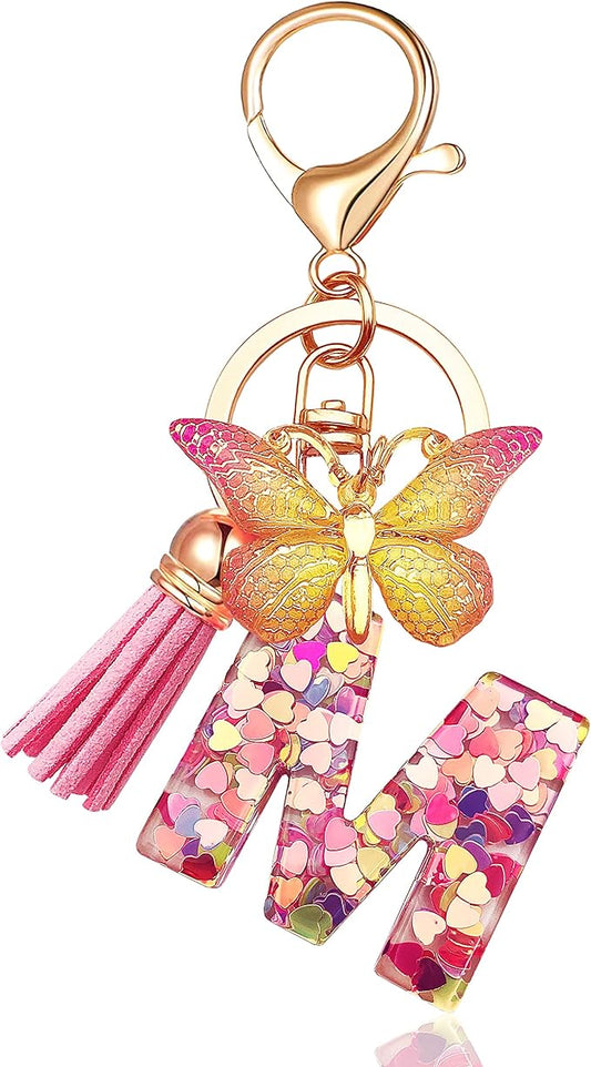 JINGUAZI Initial letter Keychains for Women Tassel Butterfly Pink Purple Cute Car Keychain for Wallet Backpack bag charm